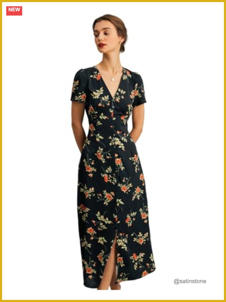Womens Floral V Neck Maxi Dress Short Sleeve Puff Sleeve High Waist